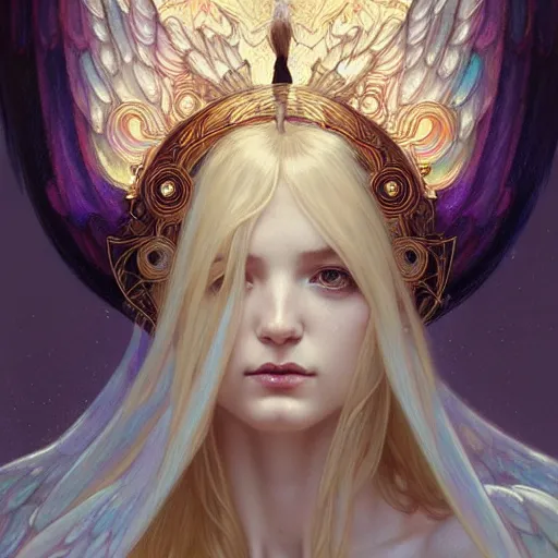 Prompt: Winged girl angel covered in eyes with blonde hair and glowing halo, iridescent, seraphim, fantasy, intricate, elegant, highly detailed, digital painting, artstation, concept art, smooth, sharp focus, illustration, art by Krenz Cushart and Artem Demura and alphonse mucha