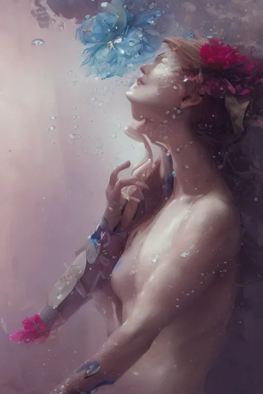 Prompt: face closeup a young beautiful girl drowned in water, underwater photography, 3 d render, hyper realistic detailed portrait, holding magic flowers, ruan jia, wlop. scifi, fantasy, hyper detailed, octane render, concept art, by peter mohrbacher, by wlop, by ruan jia