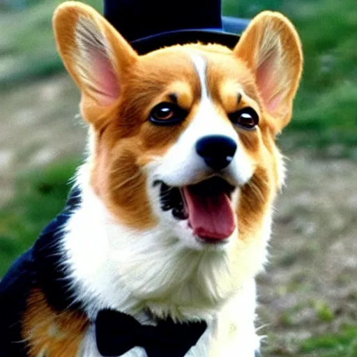 Prompt: A still of a corgi with a fedora and vest in The Godfather (1972)