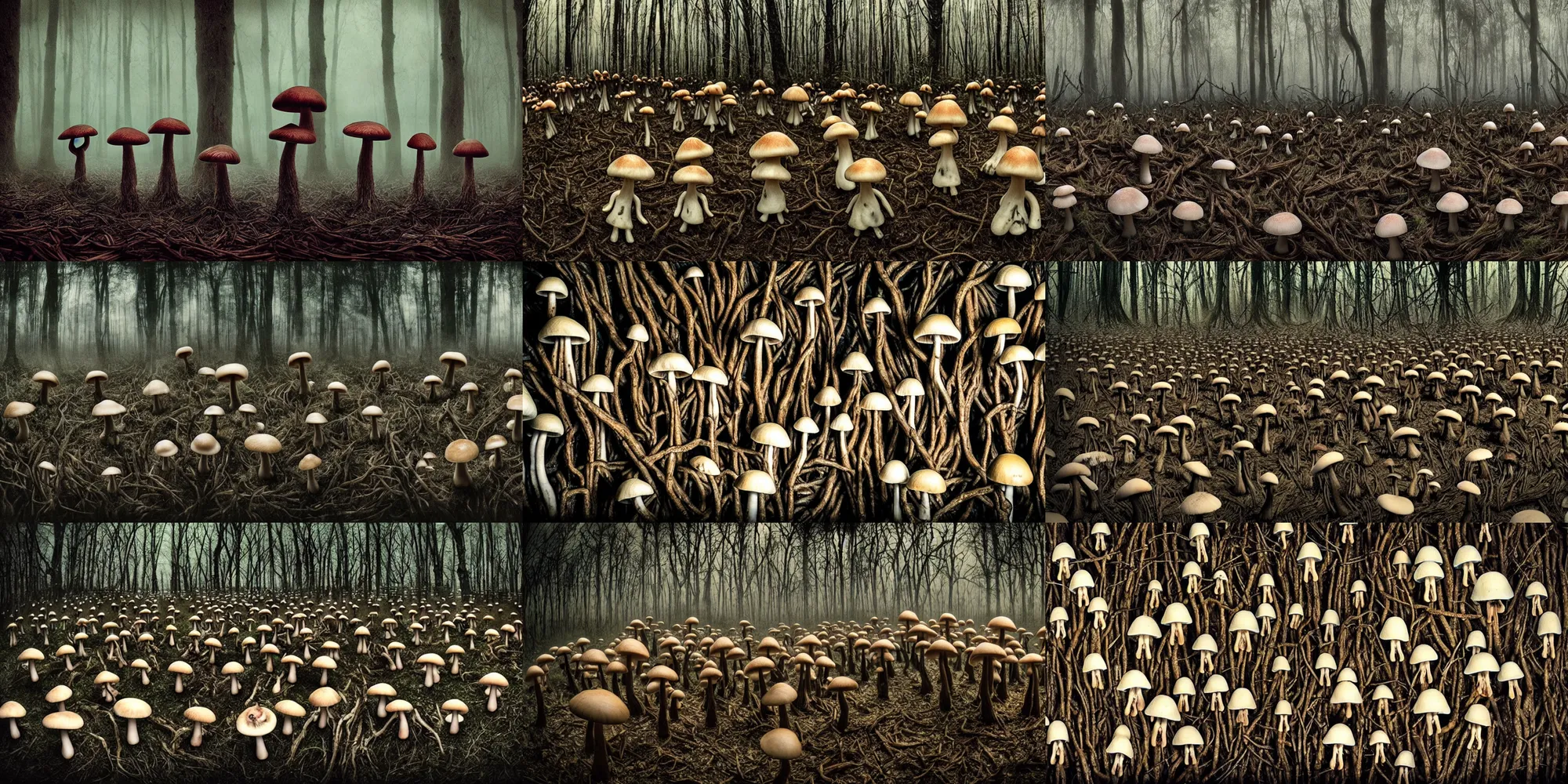 Prompt: terrifying cursed mushroom children made of twigs, faces made of bark, disturbing expired old polaroid photograph, creepy haunted mushroom forest, eerie, foggy, pans labyrinth, by hideo kojima, hiroya oku, junji ito, deep aesthetics, silent hill, fisheye lens, low quality
