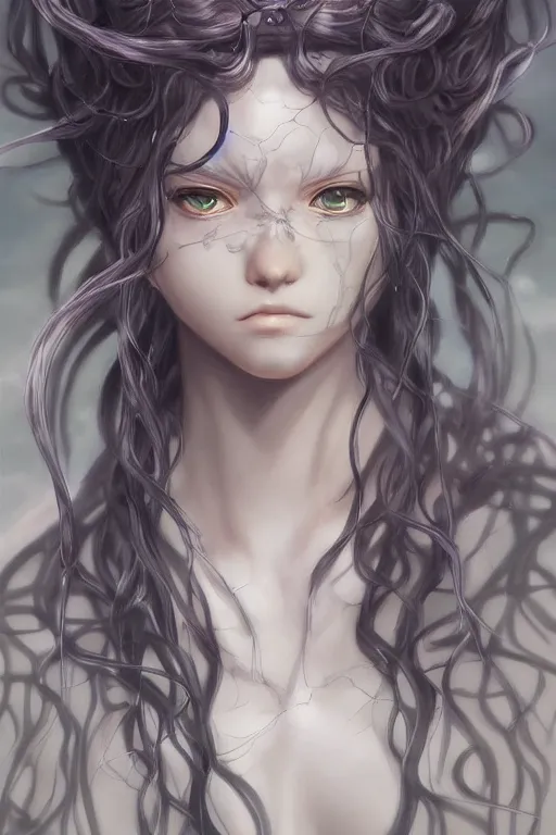 Prompt: anime medusa portrait, art by krenzcushart, by yoshitaka amano, kentaro miura, artgerm, wlop, artsyle of nier automata concept art