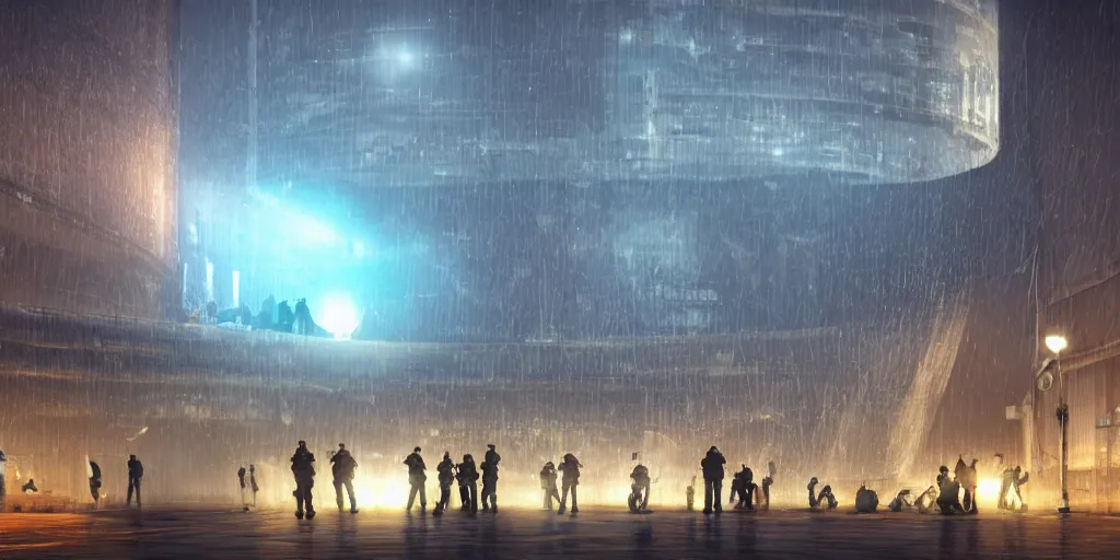 Image similar to policemen protect a huge spiral - shaped luminous object right in the center of the city from protesting people, night, rain and light fog, professional lighting, concept art in 3 d, high detail, professional lighting