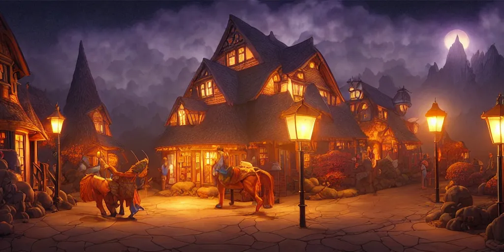 Image similar to a fantasy village landscape, twilight, lamps, lit windows, digital illustration by michael whelan and leyendecker and artgerm, intricate details, surreal, photorealistic, award winning