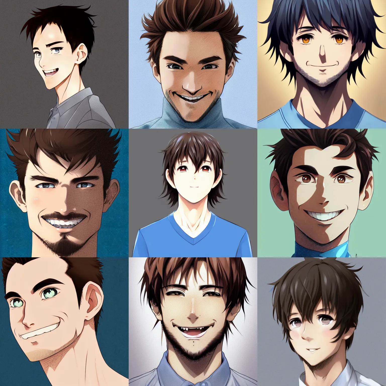 Prompt: A medium shot anime portrait of a smiling anime man with short light brown hair, light grey-blue eyes, light brown hair, short facial hair, medium shot portrait, his whole head fits in the frame, solid color background, flat anime style shading, head shot, 2d digital drawing by Stanley Artgerm Lau, WLOP, Rossdraws, James Jean, Andrei Riabovitchev, Marc Simonetti, and Sakimi chan, trending on artstation