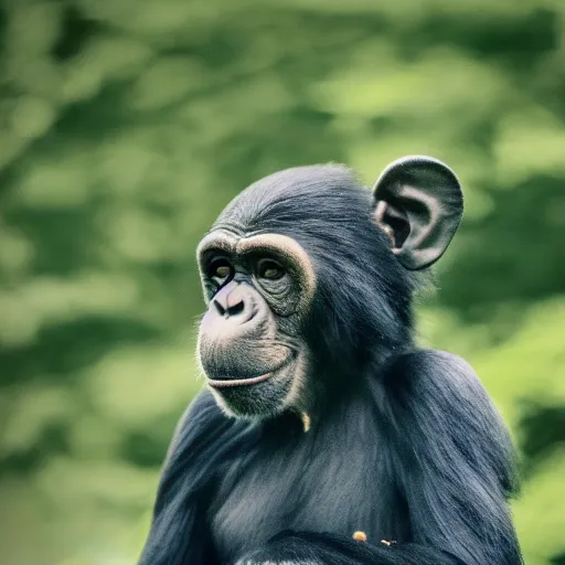 Image similar to a high quality photo of a green chimp wearing headphones, realism, 8k