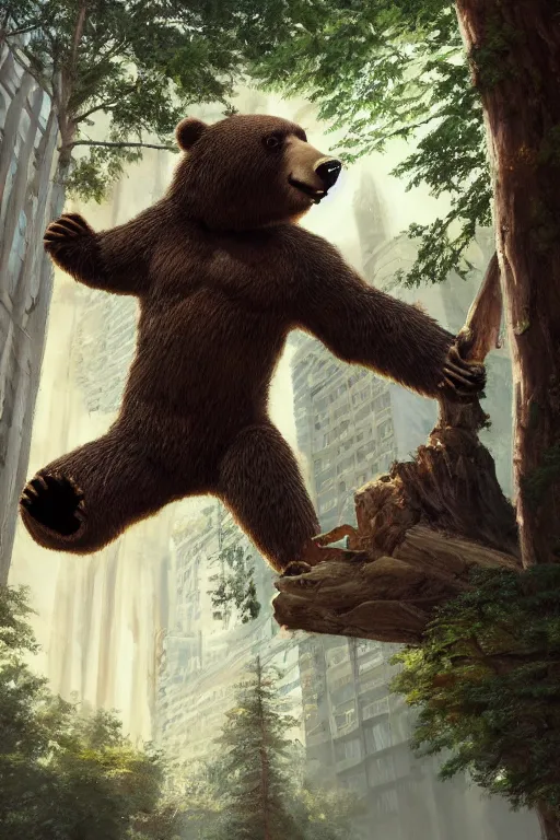 Prompt: giant bear attacking wooden tree skyscraper, octane render, 3 d pixar disney digital cgi rtx hdr painting, highly detailed, artstation cgsociety masterpiece, by syd mead, greg rutkowski, wlop, artger