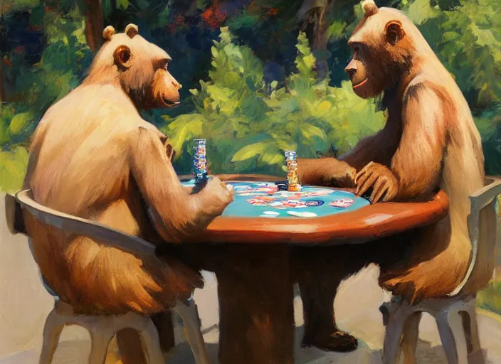 Prompt: one gorrila and one bear playing poker, highly detailed beautiful, by gregory manchess, james gurney, james jean