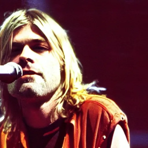 Prompt: Kurt Cobain (Nirvana) on stage at a concert if he was still alive today, 2022, alternate reality picture