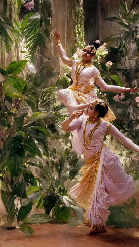 Image similar to a rabbit doing bharatanatyam in botanical room by john singer sargent, cinematic, detailed