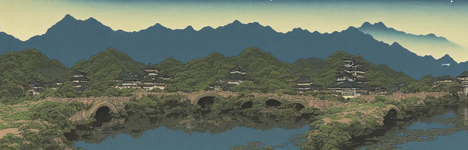 Image similar to landscape painting of multiple large interconnected castles and keeps,moat,bridge,mountains,oil canvas,night sky,by Paul Bril and Kawase Hasui masterpiece,high quality,pretty,fantasy,impossible