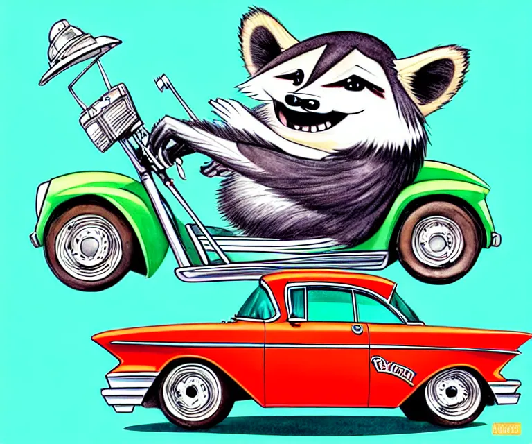 Image similar to cute and funny, racoon wearing a helmet riding in a tiny 1 9 5 7 chevy coupe, ratfink style by ed roth, centered award winning watercolor pen illustration, isometric illustration by chihiro iwasaki, edited by range murata