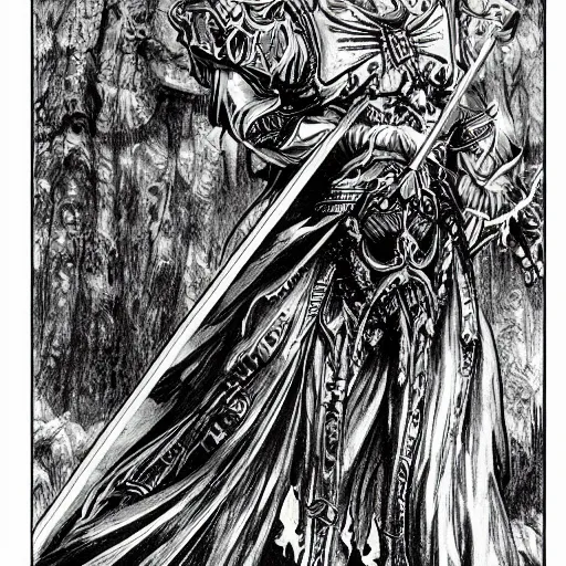 Image similar to highly detailed perspective magic sword drawing black and white goetic pen and ink manga panel by hiroya oku!! mucha sword concept art design still life