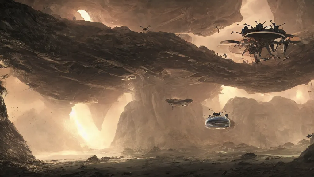 Image similar to alienspaceship with giant insectdrones flies into the ribcage cave, cgsociety,