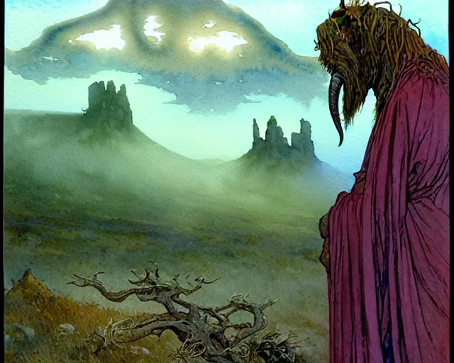 Image similar to a realistic and atmospheric watercolour fantasy character concept art portrait of a 4 0 ft. tall lovecraftian wildebeest wearing a robe and emerging from the mist on the moors of ireland at night. by rebecca guay, michael kaluta, charles vess and jean moebius giraud