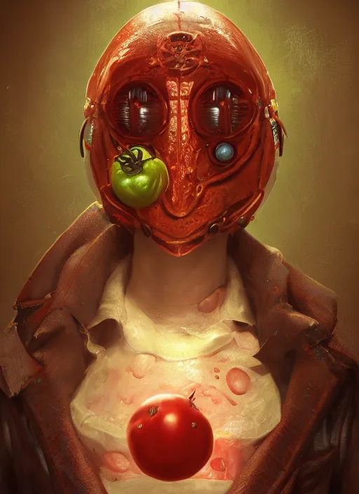 Image similar to biohazard portrait of tomato bioshock, au naturel, hyper detailed, digital art, trending in artstation, cinematic lighting, studio quality, smooth render, unreal engine 5 rendered, octane rendered, art style by klimt and nixeu and ian sprigger and wlop and krenz cushart