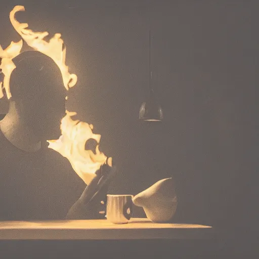 Image similar to a photograph of an orange humanlike dog in his house, sitting relaxed at a table, ☕ on the table, surrounded by flames and fire, smoke above him