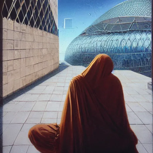 Image similar to detailed face of an arabic woman, travertine and stainless steel courtyard, terrazzo, tectonic sky, skydome, reactor, utopian, tech noir, wet reflections, prism, atmospheric, ambient, pj crook, syd mead, livia prima, artgerm, greg rutkowski, nick alm, casey baugh