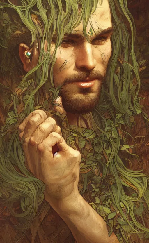 Image similar to god of the forest, 30 years old, rugged, male, gorgeous gorgeous gorgeous, detailed face face face face, amazing, thighs thighs thighs thighs, muscular, intricate, highly detailed, digital painting, artstation, concept art, sharp focus, illustration, by alphonse mucha