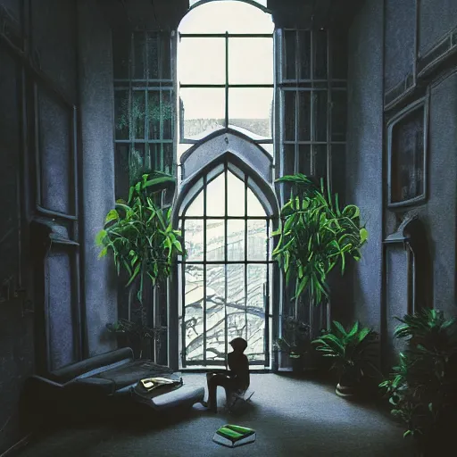 Image similar to 80s interior with arched windows, natural sunlight, summer, hanging plants, cinematic, cyberpunk, lofi, calming, dramatic, fantasy, by Moebius, by zdzisław beksiński, Fantasy LUT, high contrast, epic composition, sci-fi, dreamlike, surreal, angelic, cinematic, 8k, unreal engine, hyper realistic, fantasy concept art,