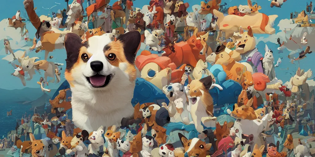 Image similar to Painting scene of corgi as jesus blessing humans, by Goro Fujita, tristan eaton, Tom Bagshaw, Hayao Miyazaki, trending on Artstation, 8k, masterpiece, graffiti paint, fine detail, full of color, intricate detail, corgi, fantasy painting