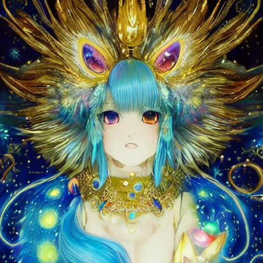 Prompt: portrait from an anime of a furry ethereal colorful blue starry fox peacock character, giant golden fangs, wearing star filled magic imbued mage robes, wearing lots of gold jewelry and gems, sitting in an ordinary library at night, art by yuji ikehata, background art by miyazaki, realism, detailed, proper human proportions, fully clothed