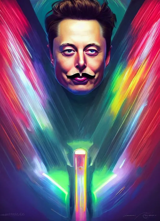 Prompt: symmetry!! portrait of elon musk with a salvador dali moustache intricate, neon lights, highly detailed, digital painting, artstation, concept art, smooth, sharp focus, illustration, art by artgerm and greg rutkowski