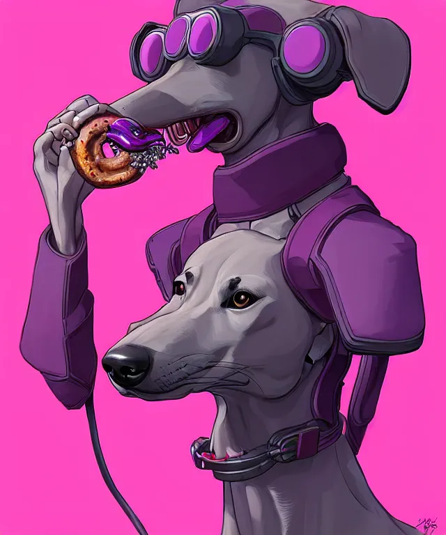 Image similar to a portrait of an anthropomorphic cyberpunk greyhound dog eating a pink donut, cyberpunk!, fantasy, elegant, digital painting, artstation, concept art, matte, sharp focus, illustration, art by josan gonzalez