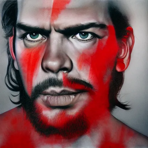 Prompt: colour masterpiece surreal closeup portrait photography of che guevara by miho hirano and annie leibovitz and michael cheval, red and grey smoke background, 8 k