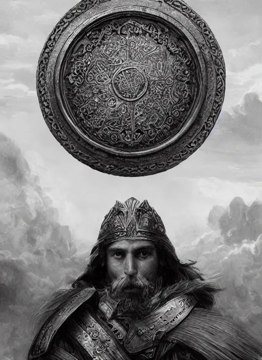 Image similar to highly detailed picture of great greek warrior with a shield, edge of the universe, perfectly symmetrical face, cinematic romantic magical, greek myth, masterpiece, from the book by gene wolfe, highly detailed painting by gustave dore, digital art, trending on artstation, golden ratio, perfect symmetrical, perfect intricate