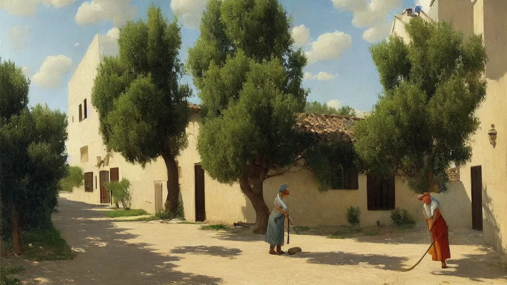 Image similar to a beautiful extremely complex painting of a street in a mediterranean village in summer by peter ilsted, whitewashed housed, tall cypress trees, blue shutters on windows, elderly woman sweeping the ground with a broom, national gallery of art highlights