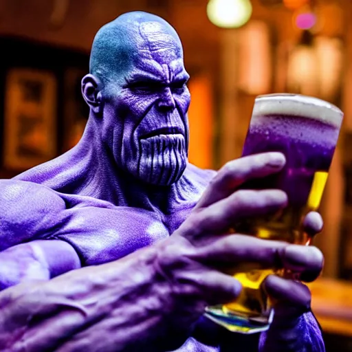 Image similar to thanos drinking beer at a bar