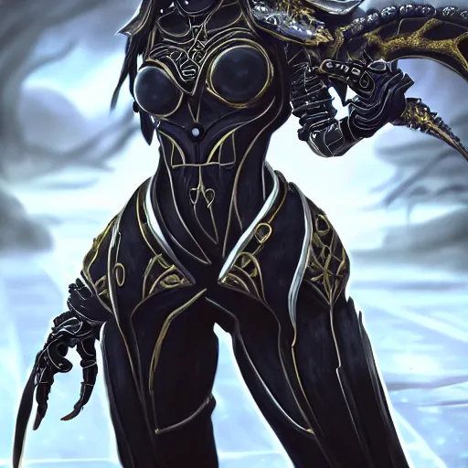 Image similar to highly detailed exquisite fanart, of a beautiful female warframe, but as an anthropomorphic robot dragon, matte black metal armor with white accents, close-up shot, a katana-like sword resting on her hip, epic cinematic shot, professional digital art, high end digital art, singular, realistic, captura, DeviantArt, artstation, Furaffinity, 8k HD render