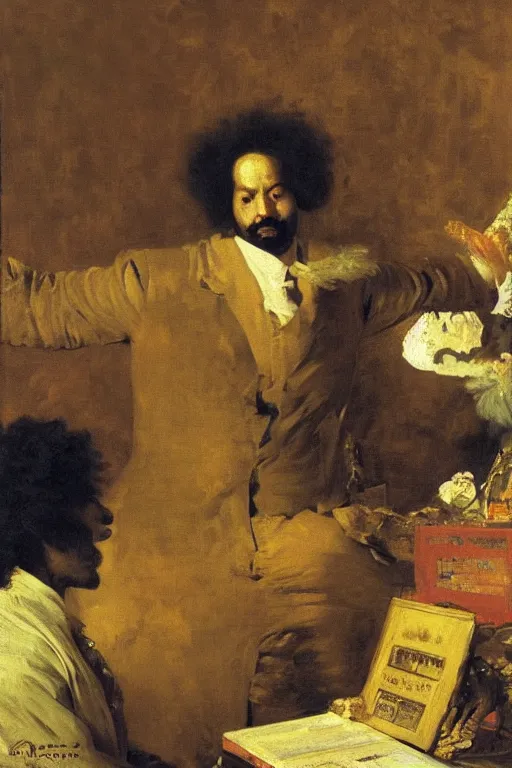 Prompt: Moodymann at a record store, oil on canvas, by Ilya Repin, Jean-Honore Fragonard, Francisco Goya