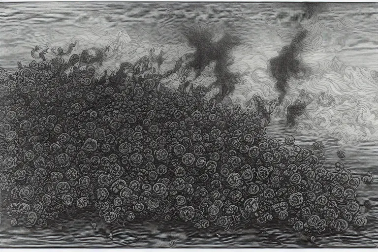 Image similar to black and white, close-up portrait of flowers drowning in the storm ocean, Gustave Dore lithography