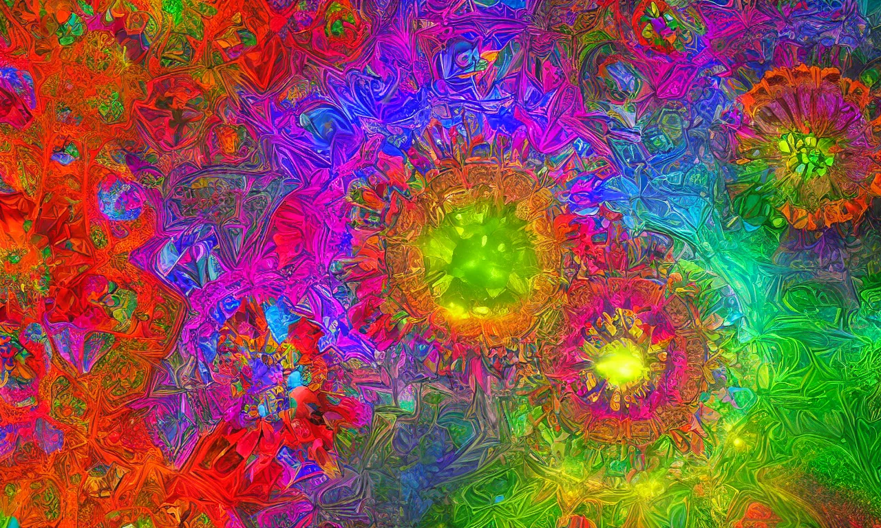 Image similar to acrylics blob voronoi engine laboratory 3 d volume kaleidoscope mandala fractal chakra digital multicolor stylized concept substance liquid nebula stone, a spectacular view cinematic rays of sunlight comic book illustration, by john kirby radiating a glowing aura global illumination ray tracing hdr depth fog overlay multiply photoshop layer