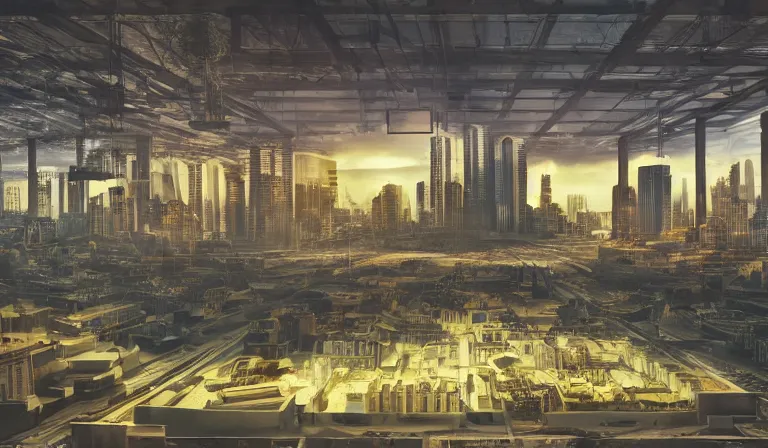 Prompt: large group people in a frame warehouse, looking at hologram of futuristic city on a table, cinematic concept art, godrays, golden hour, natural sunlight, 4 k, clear details, tabletop model buildings, center model buildings, hologram center, crane shot, crane shot, crane shot