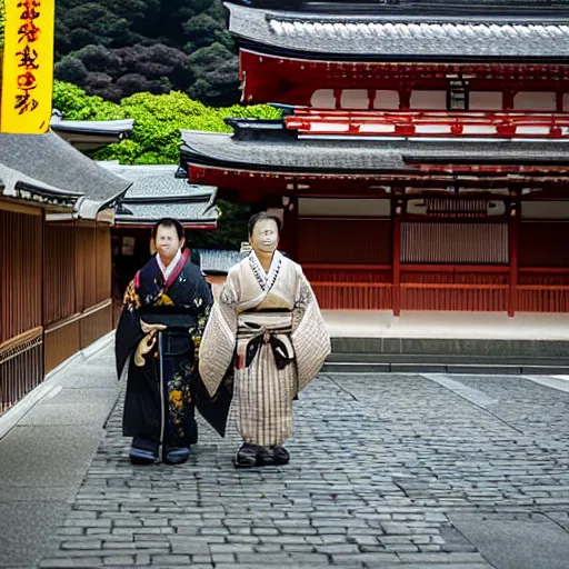 Image similar to real photo of a pair of japanese oni walking in kyoto, high detail,