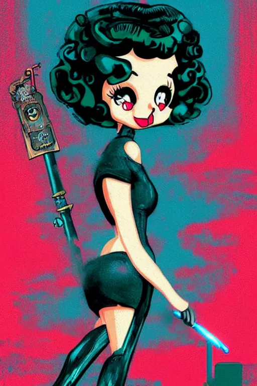 Image similar to betty boop in blade runner, smoking a cigarette holding a sword in the rain. digital art, retro cyberpunk