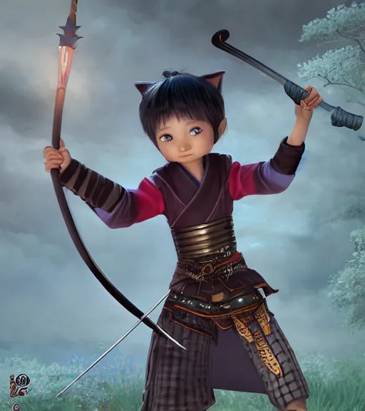 Prompt: an epic fantasy comic book style portrait painting of an extremely cute and adorable very tomboyish tomboy cat samurai with a strong japanese aristocratic - style image, character design by mark ryden and pixar and hayao miyazaki, unreal 5, daz, hyperrealistic, octane render, cosplay, rpg portrait, dynamic lighting, intricate detail, summer vibrancy, cinematic