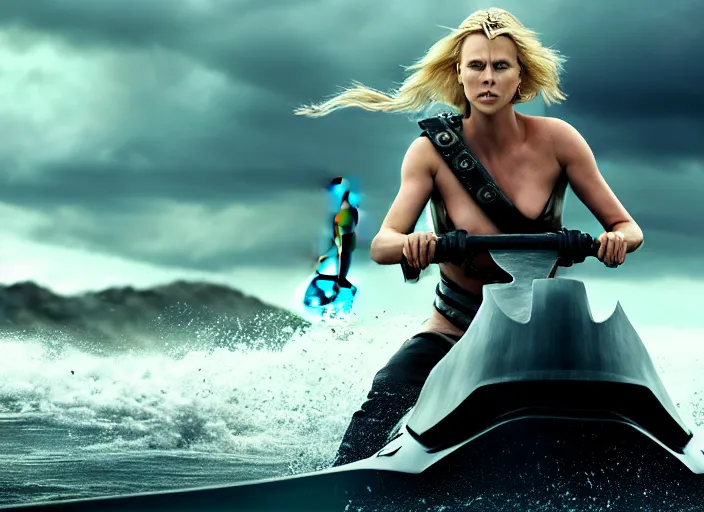 Prompt: dramatic photo of charlize theron as a viking women with weapons riding on a jet ski, wearing skin - tight futuristic valkerie bikini, rough seas in background, lightning storms, water world, mad max, hyper - realistic, highly detailed, accurate, 8 k octane render, 2 8 mm, wide angle, rule of thirds