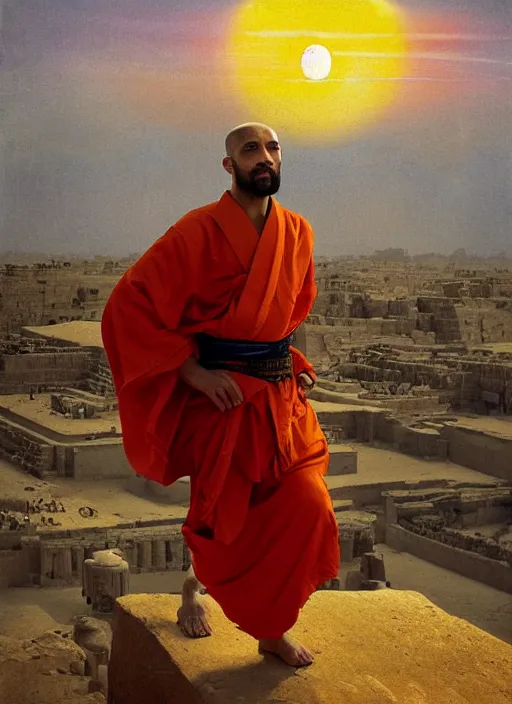 Prompt: a close portrait of a charismatic egyptian / arabic style kung fu - monk on top of a pyramid overlooking the ancient monumental egyptian city, heavy clouds and setting sun, cinematic dark mood, masterpiece by anders zorn