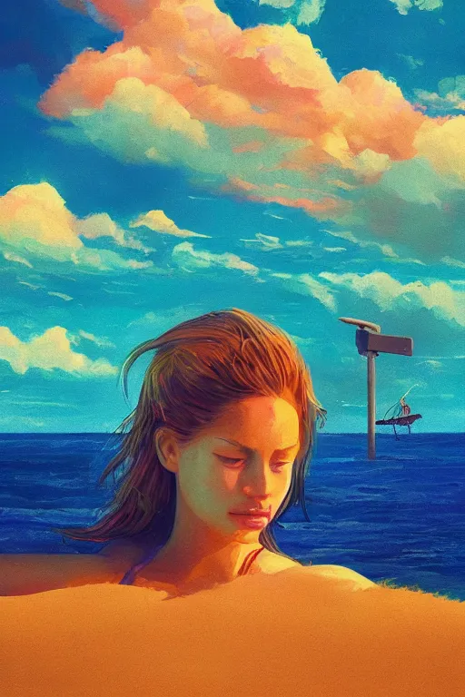 Image similar to closeup, giant frangipani head, girl on beach, surreal photography, golden hour, colorful clouds, impressionist painting, digital painting, artstation, simon stalenhag