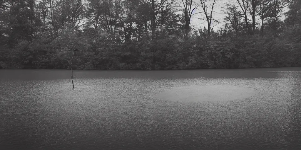 Image similar to centered photograph of a long rope zig zagging across the surface of the water, floating submerged rope stretching out towards the center of the lake, a dark lake on a cloudy day, color film, trees in the background, hyperedetailed photo, anamorphic lens, 2 0 0 1