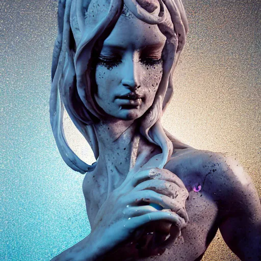 Image similar to Cinestill of A heartbreaking realistic 8k Bernini Sculpture of a stunning intricate cracked multicolored milky cosmic marble Evangelion Fallen Angel Devil Queen. sentient mycelium and misty xparticles. by Yoshitaka Amano, Daytoner, Greg Tocchini,. . Scattered golden flakes, Hyperrealism. Subsurface scattering. Octane Render. Weirdcore