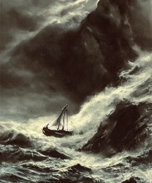 Image similar to photorealistic painting of a 1 9 2 5 seiner sailing near a short tropical cliff with the mouth of a sea cave at the waterline, dark, brooding, atmospheric, lovecraft, horror, smooth, epic, highly detailed, cinematic, by lee gibbons