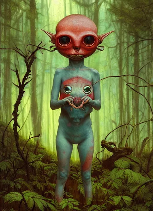 Prompt: cute alien in the woods by a river gorgeous lighting, lush forest foliage blue sky a hyper realistic painting by chiara bautista and beksinski and norman rockwell and greg rutkowski, tom bagshaw weta studio, and lucasfilm