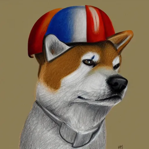 Image similar to A drawing of a Shiba Inu dog wearing a soldier's helmet