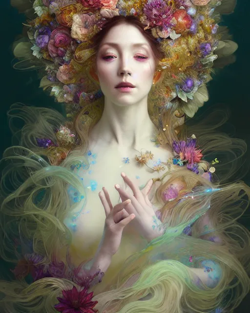 Image similar to Full View ultrarealistic Portrait ethereal fantasy deity wearing beautiful gown, flowers, spirituality, levitating, 4k digital masterpiece by Anna Dittman and Alberto Seveso Ruan Jia, rossdraws, artgerm and greg rutkowski and alphonse mucha and loish and WLOP, fantasycore, Hyperdetailed, fractals, scribble art, realistic digital painting, atmospheric, fireflies, soft lighting, featured on Artstation