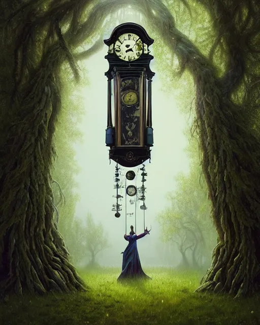 Image similar to highly detailed surreal vfx portrait of a cursed grandfather clock in a shadowy forest by a willow tree, stephen bliss, unreal engine, greg rutkowski, loish, rhads, beeple, makoto shinkai and lois van baarle, ilya kuvshinov, rossdraws, tom bagshaw, alphonse mucha, global illumination, detailed and intricate environment