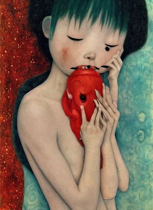 Image similar to a dramatic emotional hyperrealistic pop surrealist oil panting of a sad sobbing grotesque kawaii vocaloid figurine caricature sobbing red in the face uglycrying with tears and snot featured in silent hill 2 by gustave klimt made of delftware, 😭🤮 💔